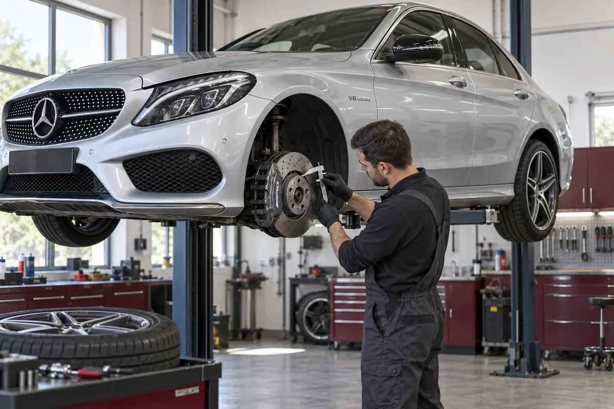 Front brake inspection on a silver Mercedes C450 AMG with the wheel removed