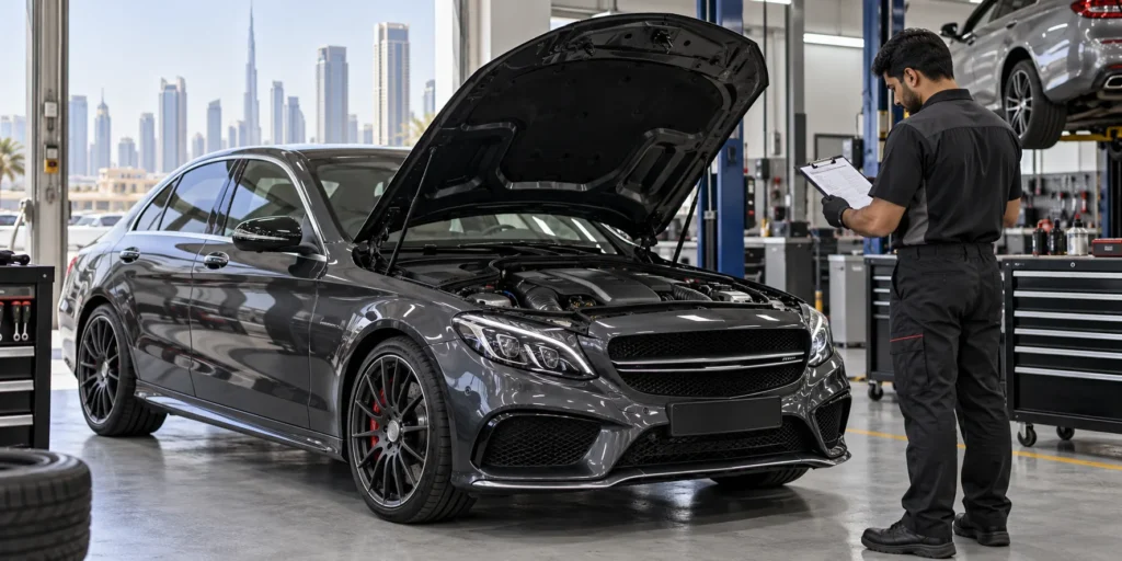 Workshop technician reviewing a maintenance budget beside a dark performance sedan