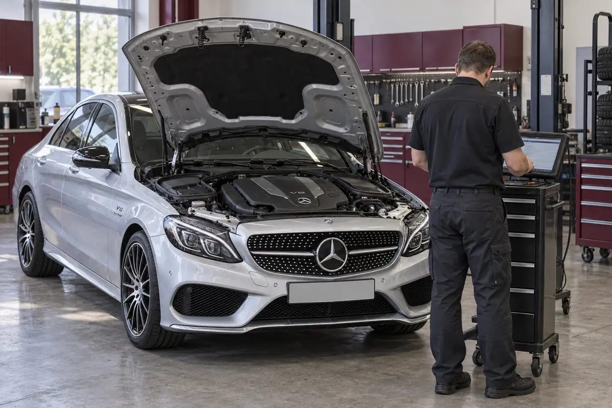 Technician inspecting the engine bay of a silver Mercedes C450 AMG