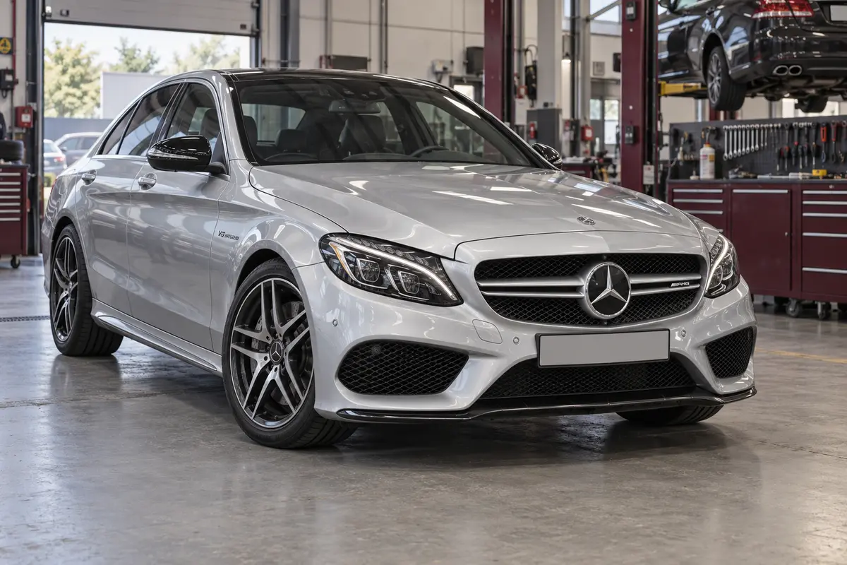 Silver Mercedes C450 AMG W205 sedan in a workshop