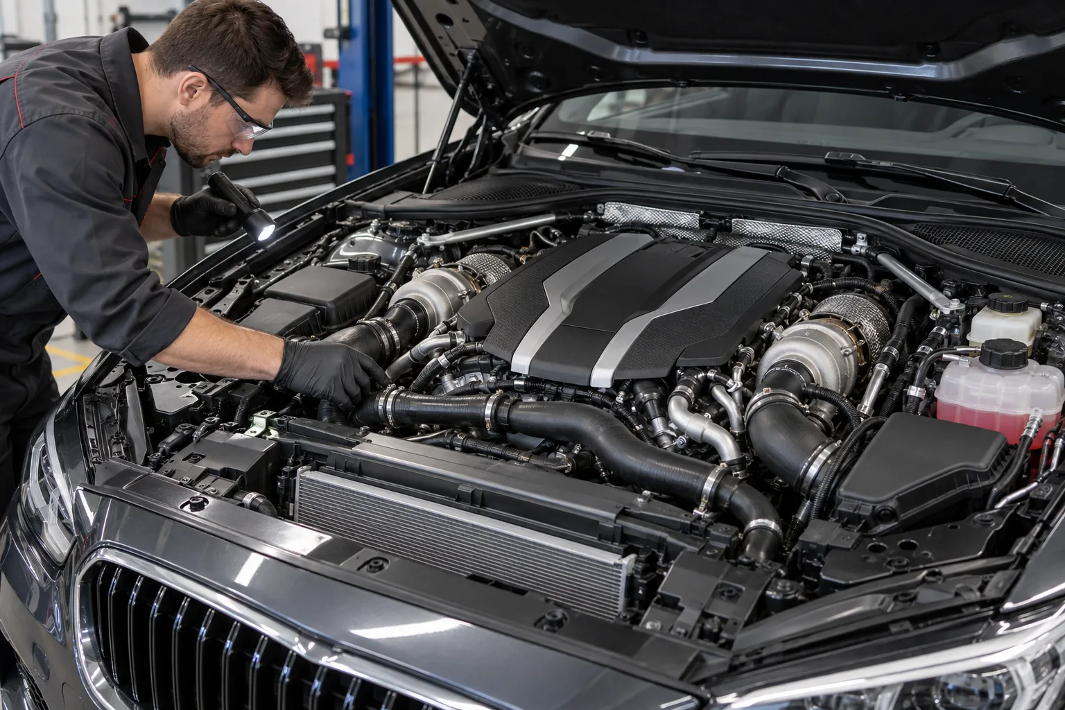 Illustration of a technician inspecting a twin turbo V6 engine bay