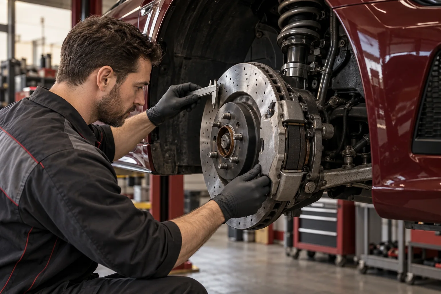 Technician assessing a performance brake disc and caliper