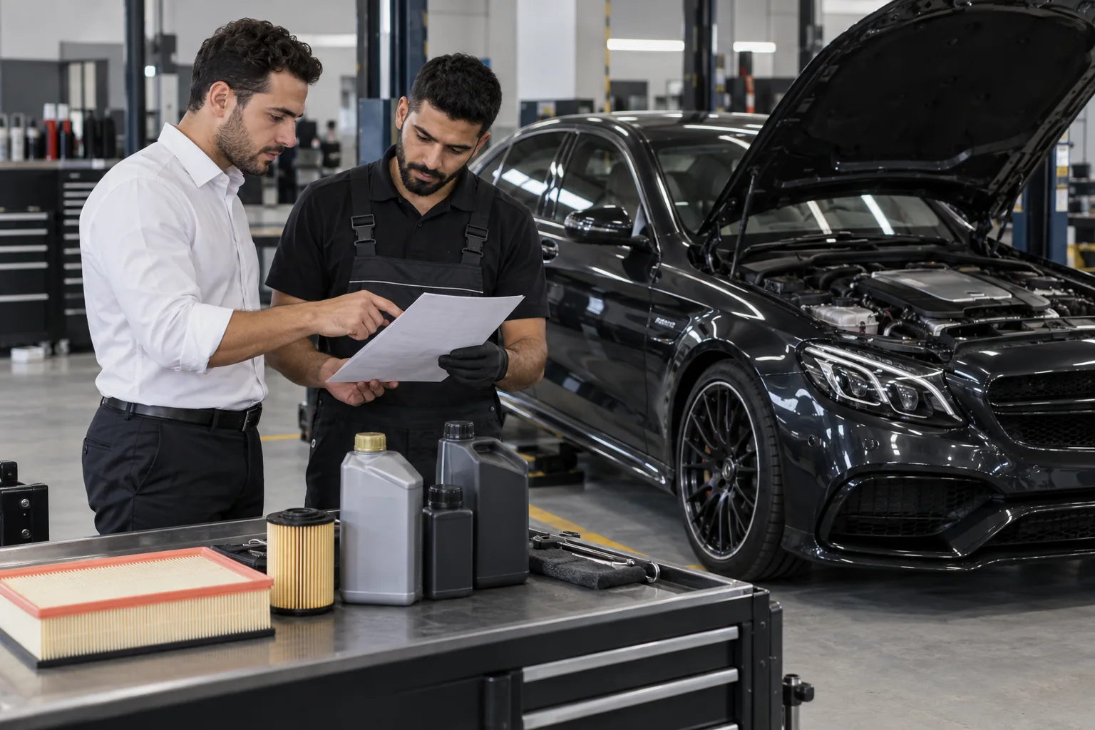 Technician and adviser reviewing a service worksheet beside filters and fluids