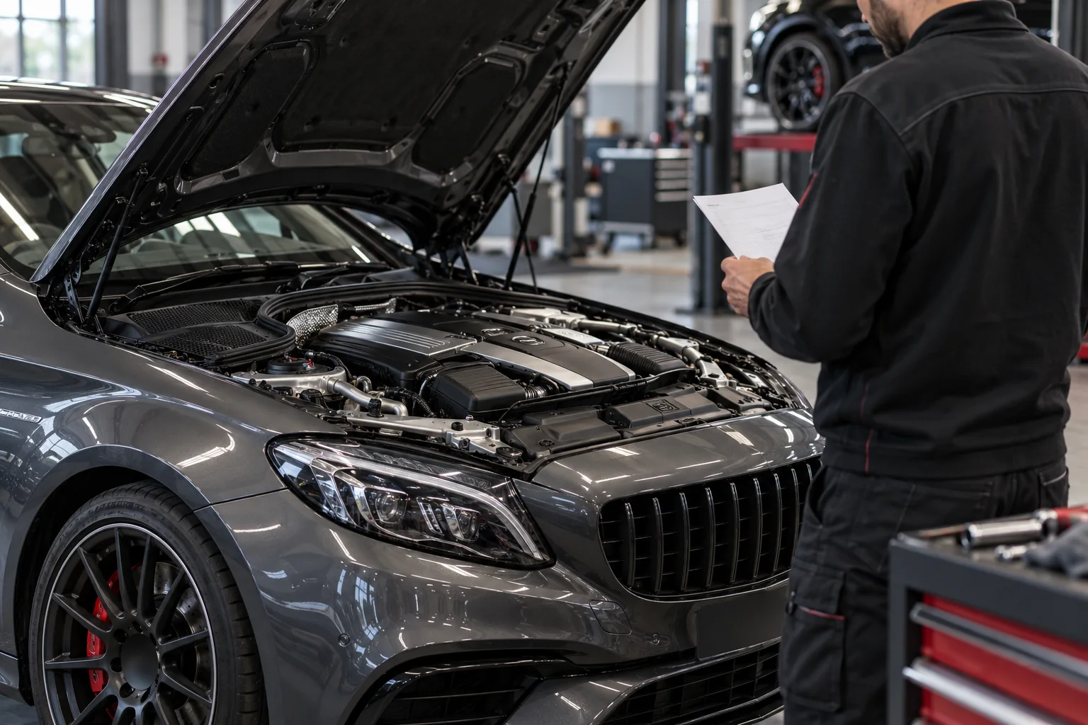 Technician reviewing a C63 engine bay and service worksheet