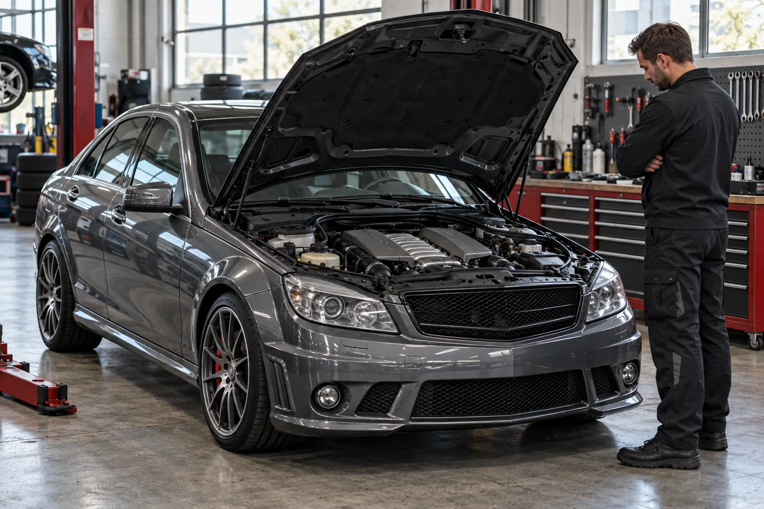 Older performance sedan with its bonnet raised for an engine inspection