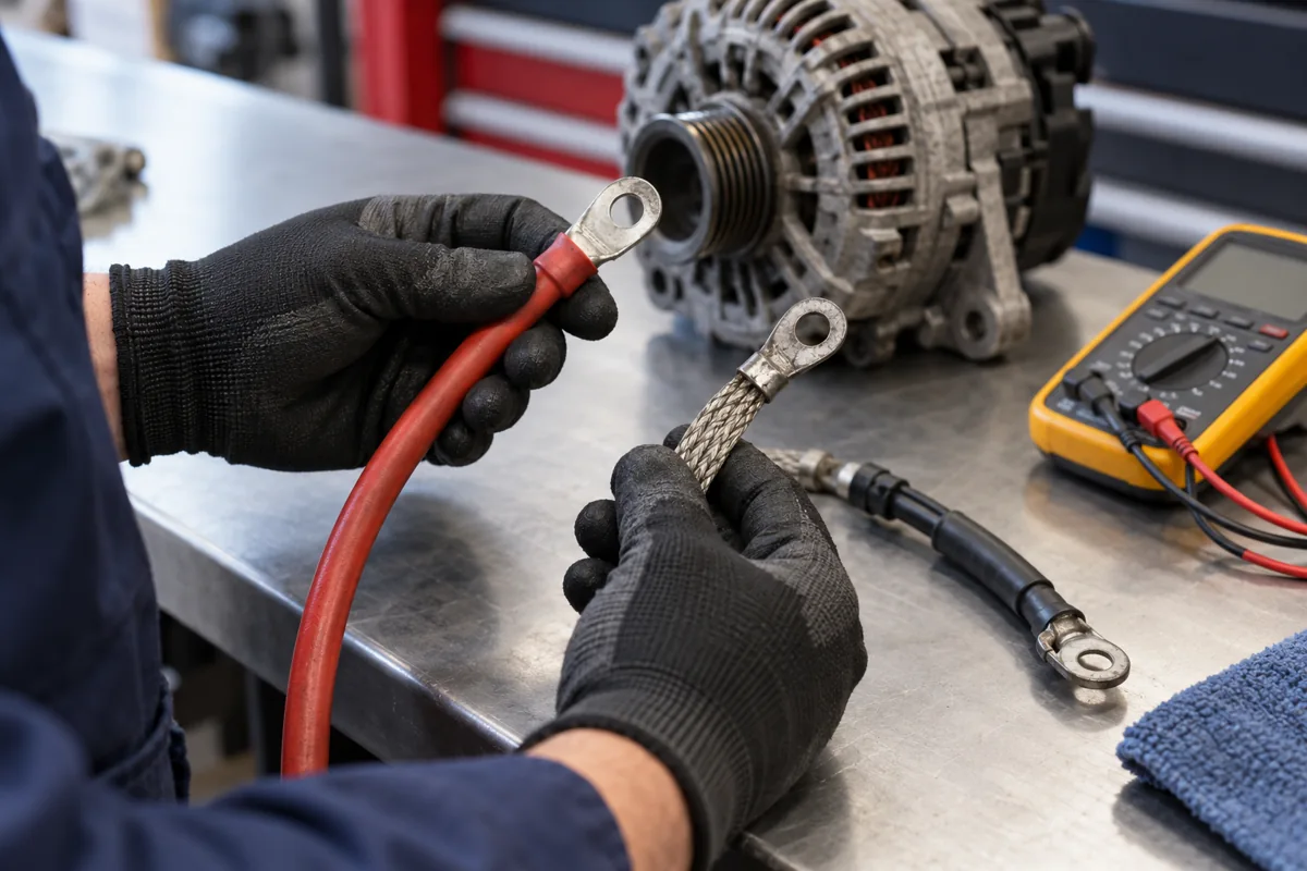 Gloved technician inspecting charging cable terminals and a braided ground strap beside a multimeter