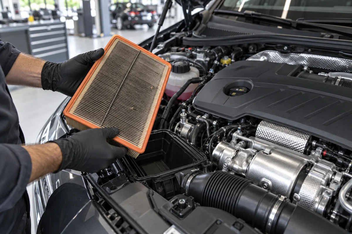 Technician examining a removed engine air filter