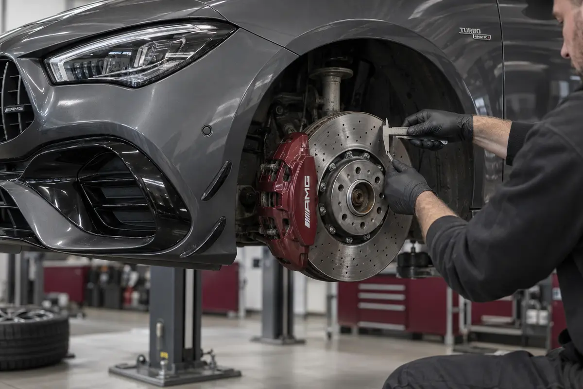 Brake disc inspection on a Mercedes-AMG CLA45 with the front wheel removed