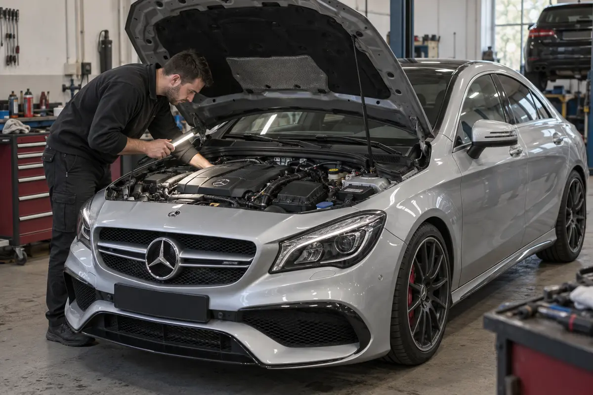 Technician inspecting the engine bay of a silver Mercedes-AMG CLA45 C117