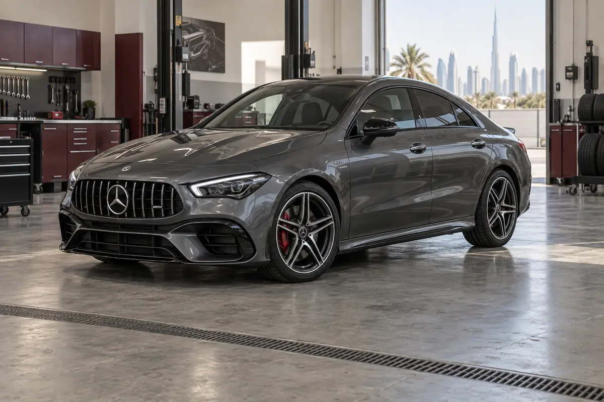 Graphite Mercedes-AMG CLA45 S C118 in a workshop