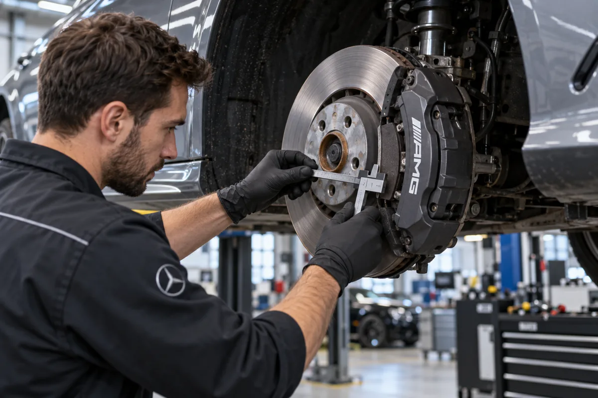 Technician measuring a front brake disc on a lift