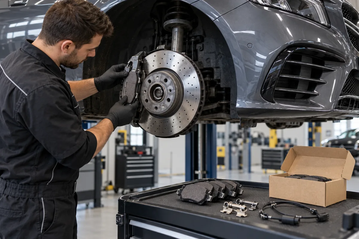 Technician inspecting brake pads and disc beside replacement parts