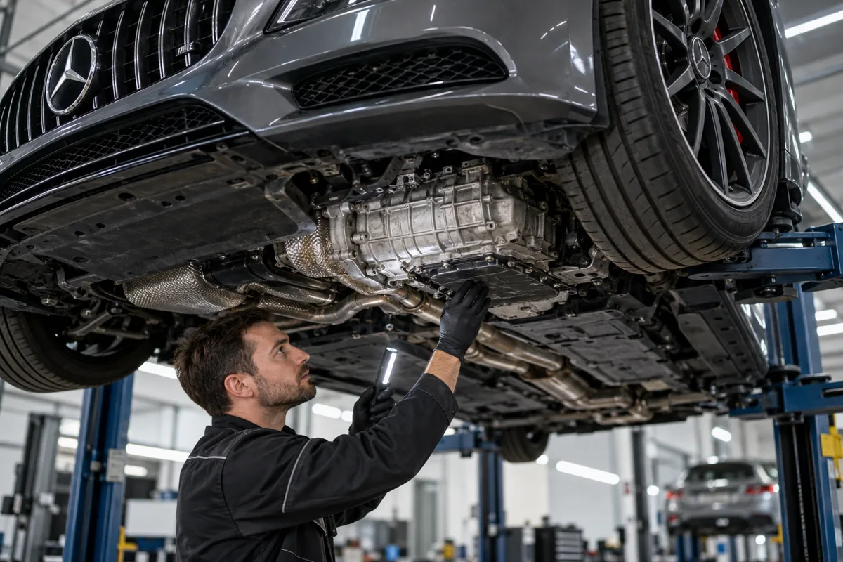 Technician inspecting an underbody transmission housing on a lift