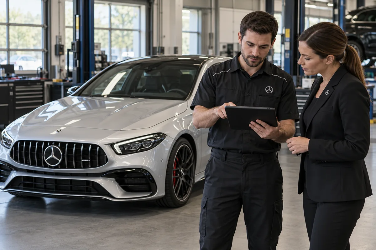 Technician discussing a diagnostic tablet beside a car