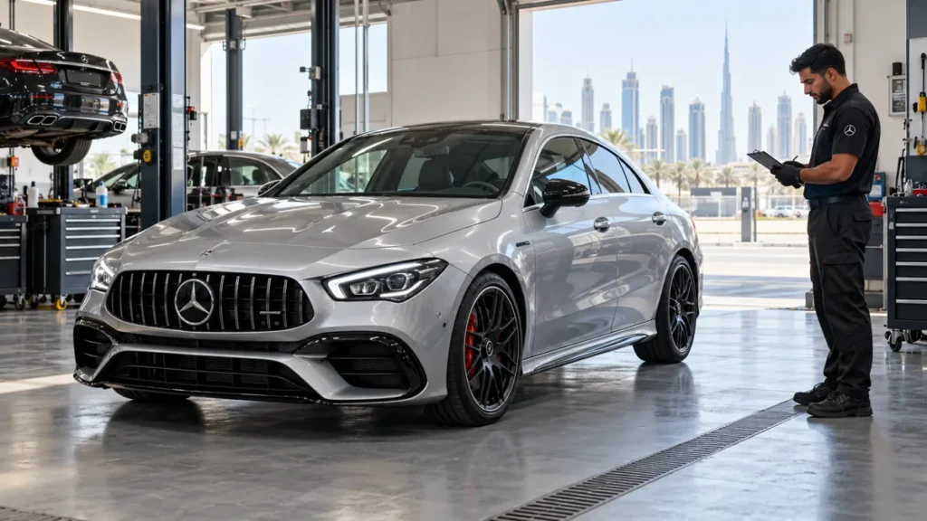 Silver compact AMG-style car and technician in a workshop, representative image