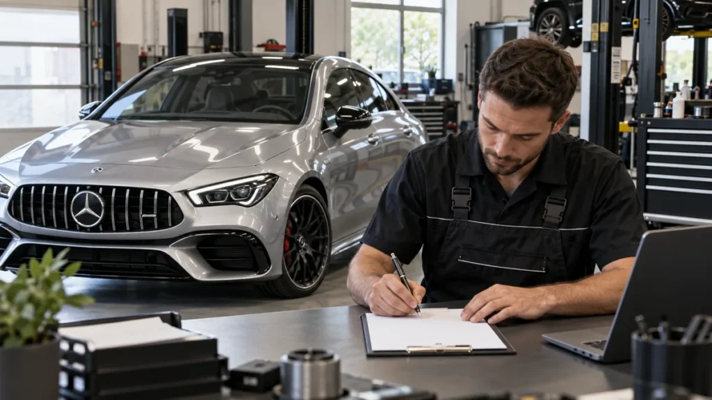 Technician preparing a service estimate beside a compact AMG-style car