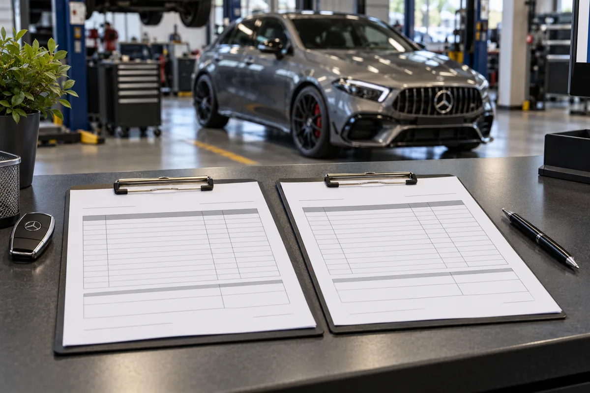 Two blank service estimate sheets on a workshop desk