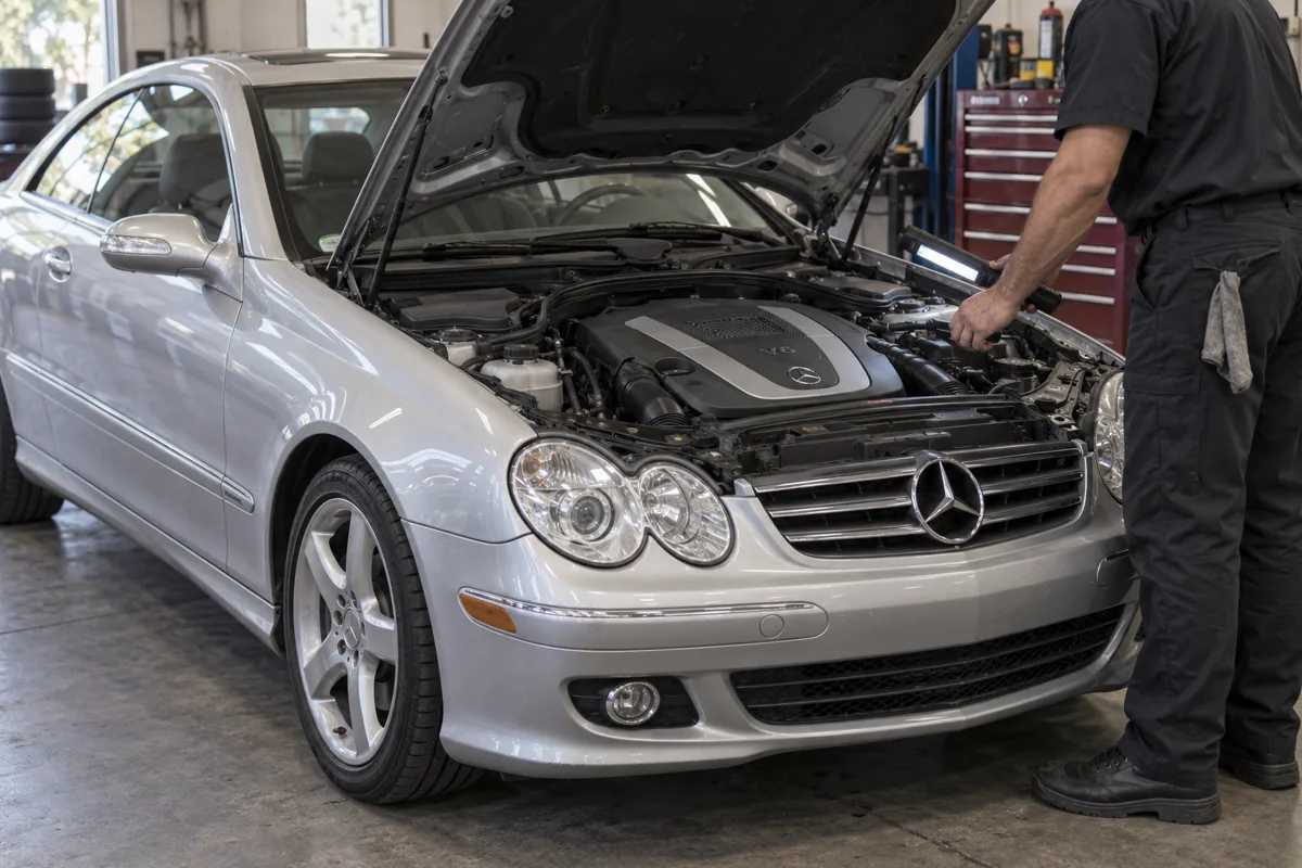 Technician inspecting the engine bay of a Mercedes CLK350