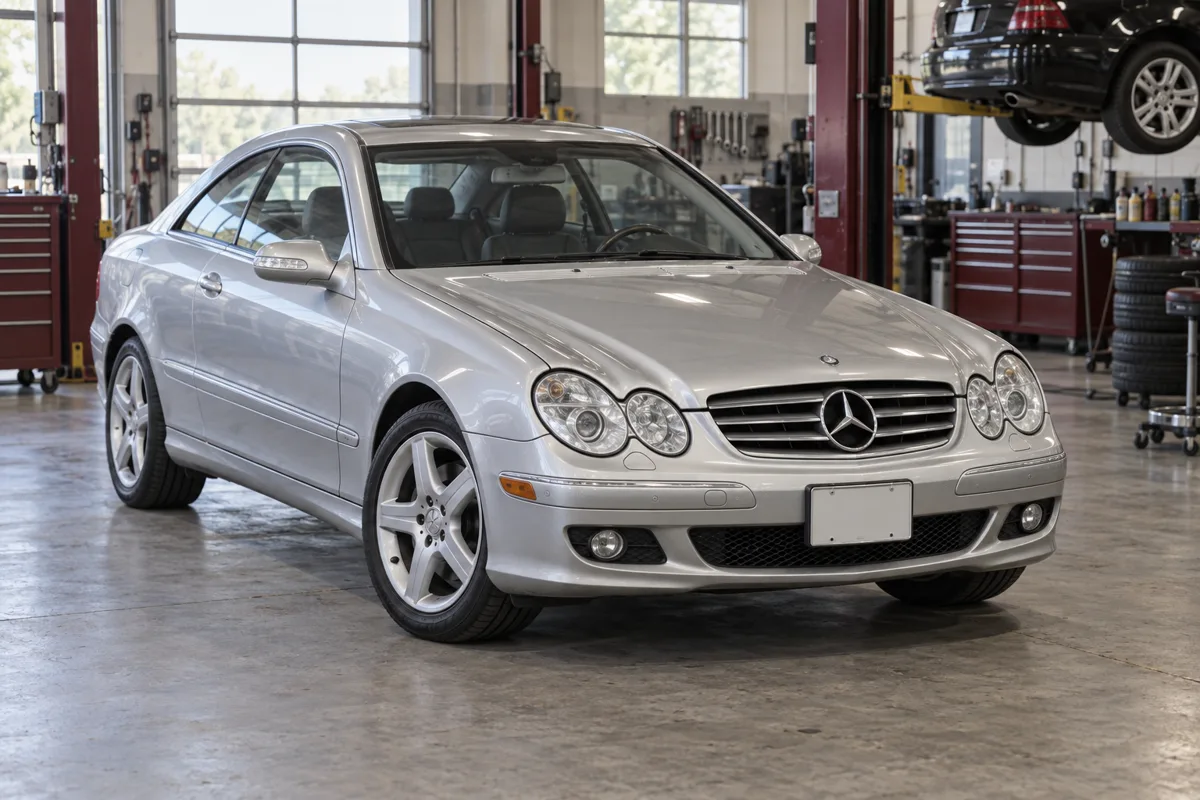 Silver Mercedes CLK350 coupe in a workshop