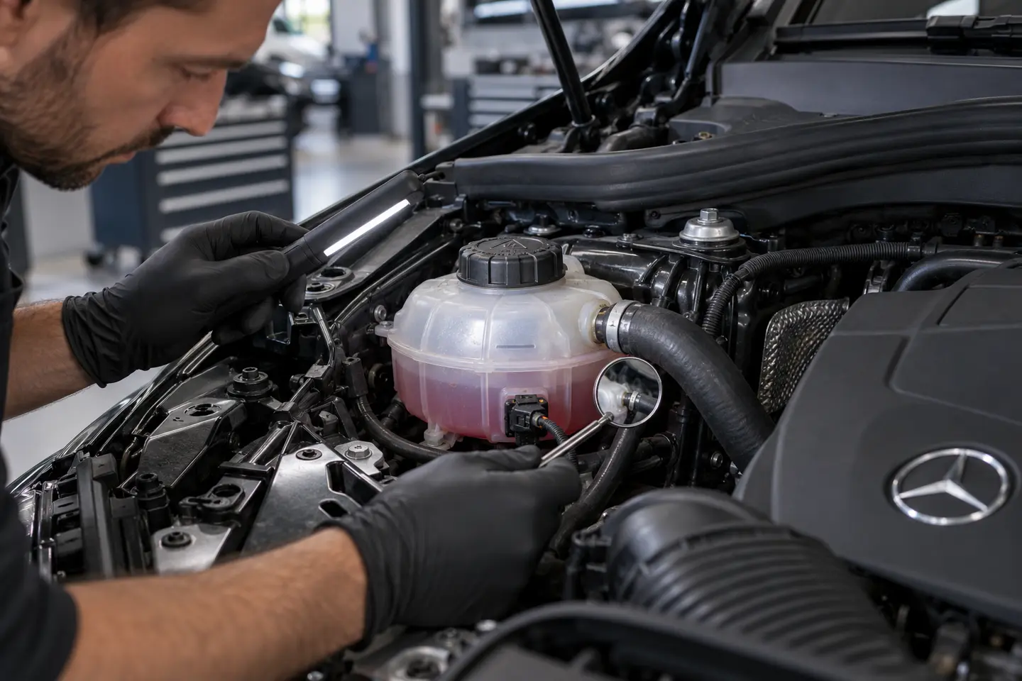 Mercedes coolant reservoir and hose leak inspection