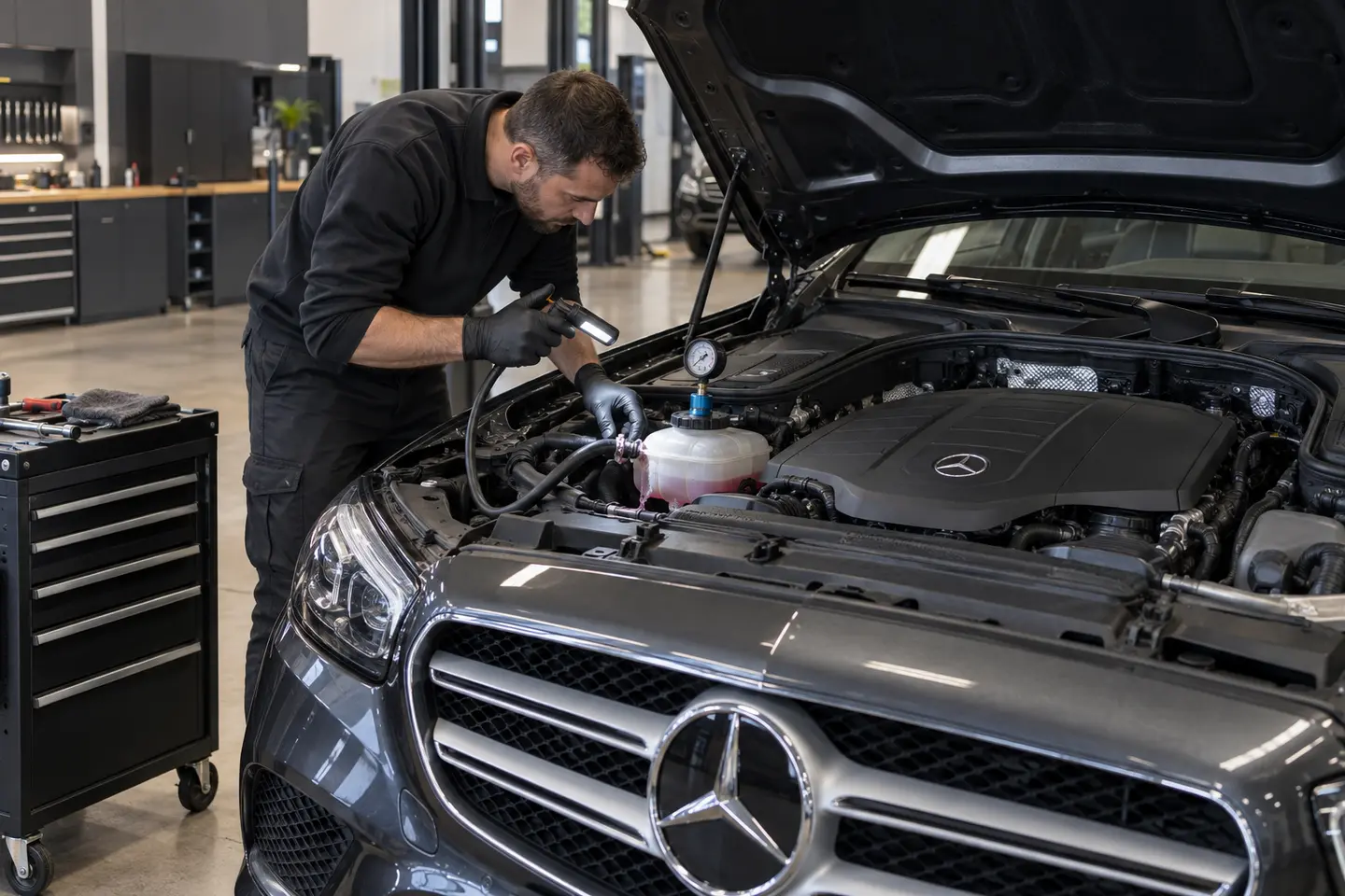 Pressure gauge connected to a Mercedes coolant reservoir during a leak check