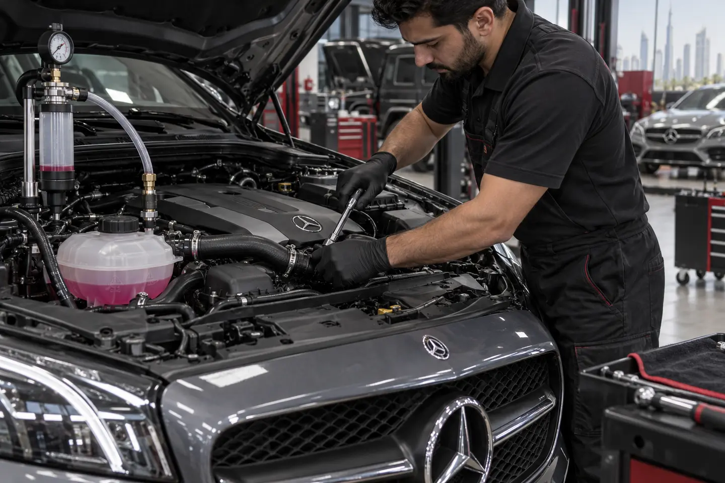 Coolant hose repair and vacuum refill on a Mercedes