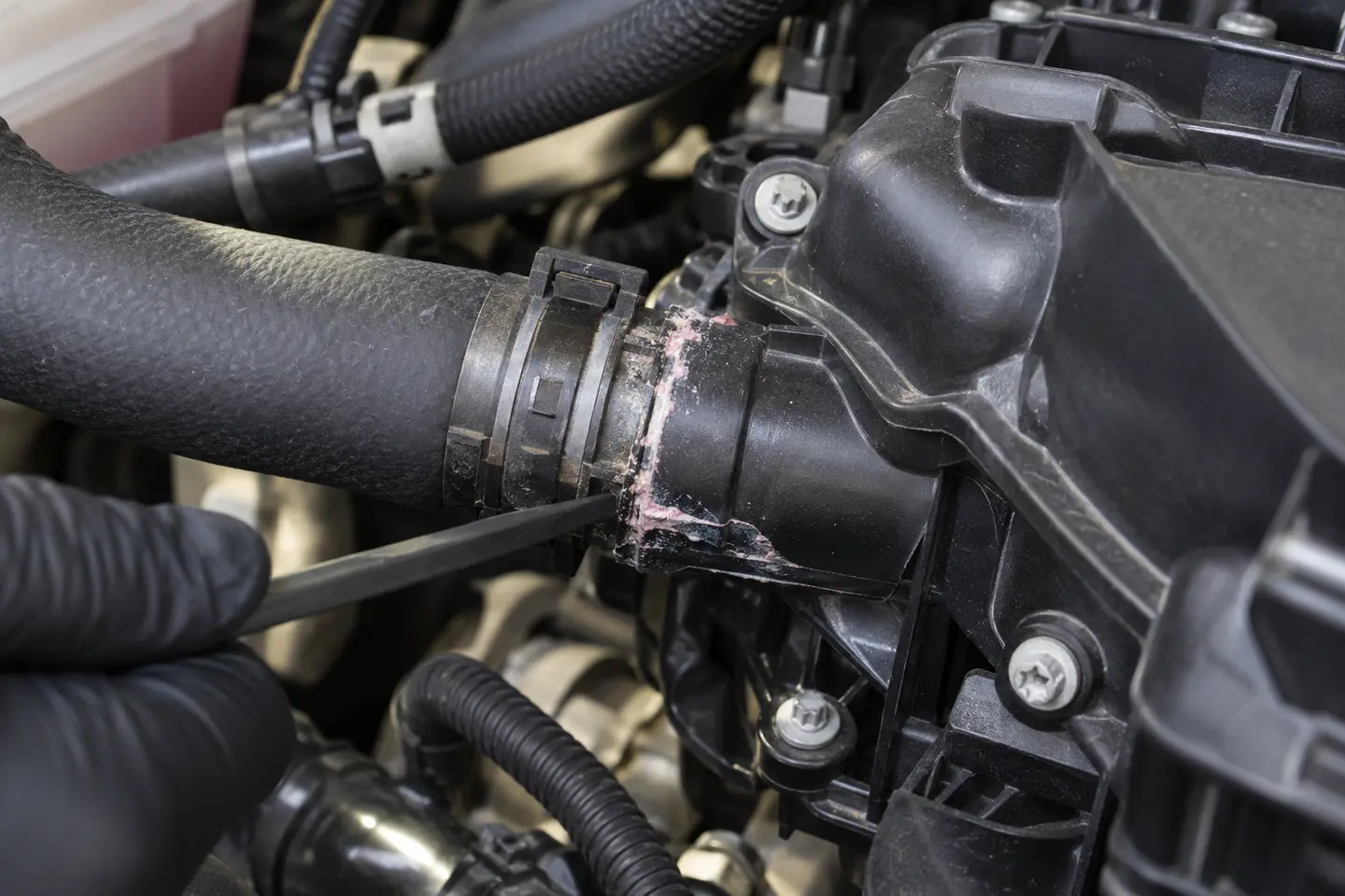 Dried coolant residue identifying a Mercedes cooling system leak