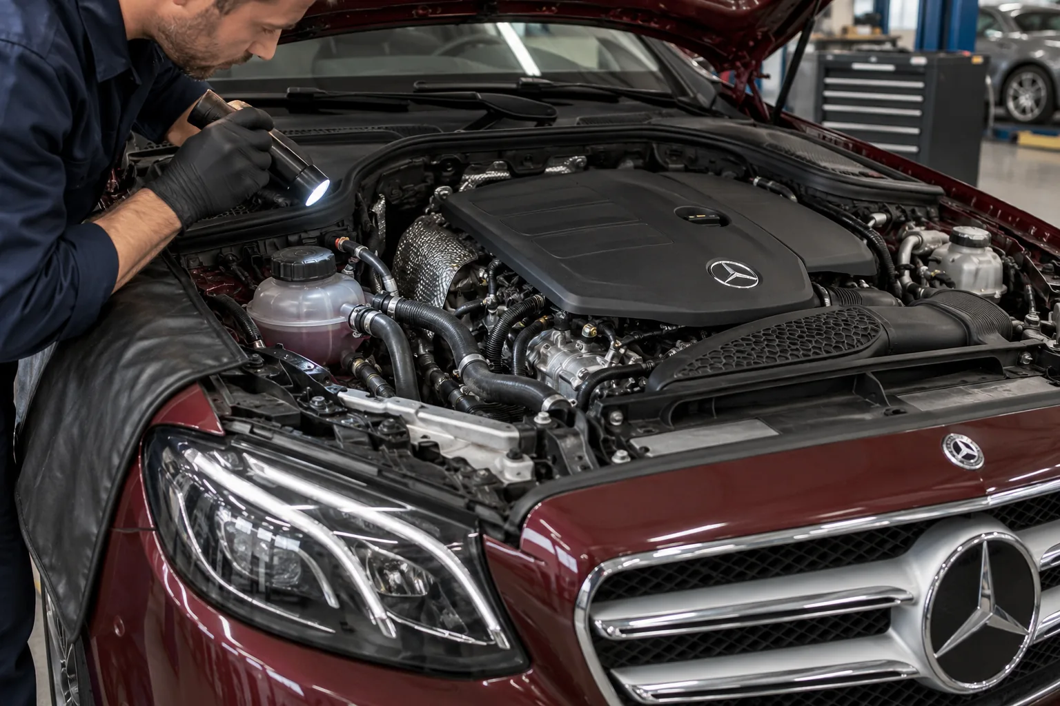 معاينة خراطيم التبريد في حجرة محرك E200