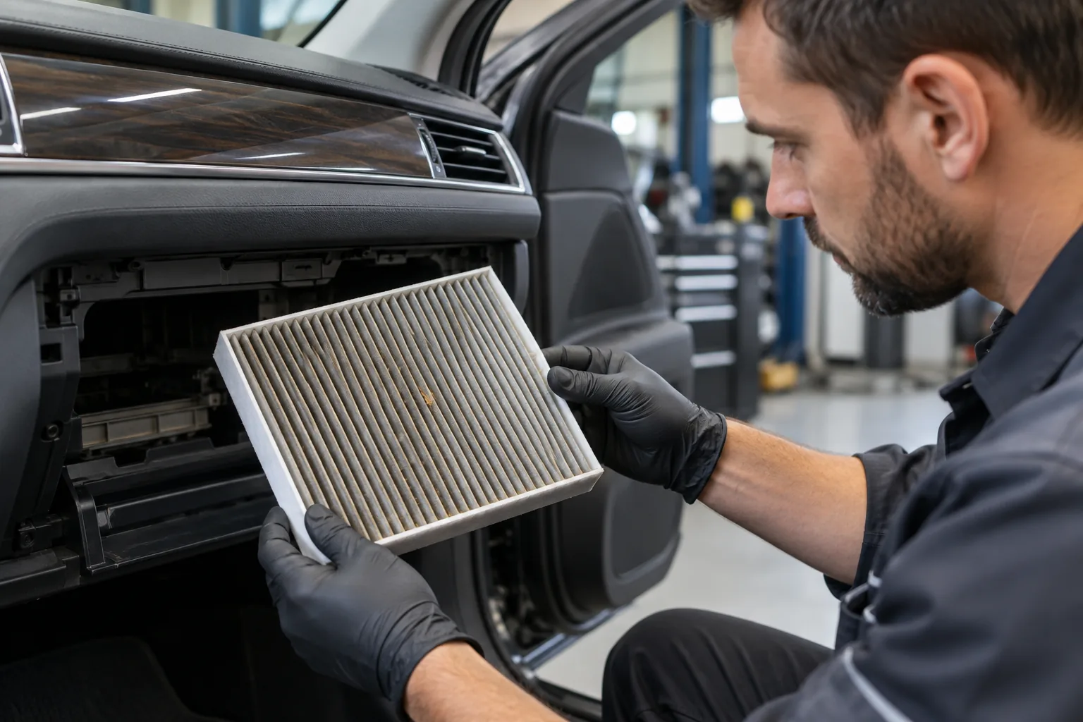 Technician checking a removed cabin air filter