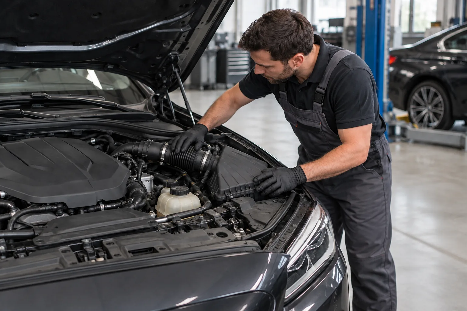 Technician inspecting an intake hose and air filter housing before repair