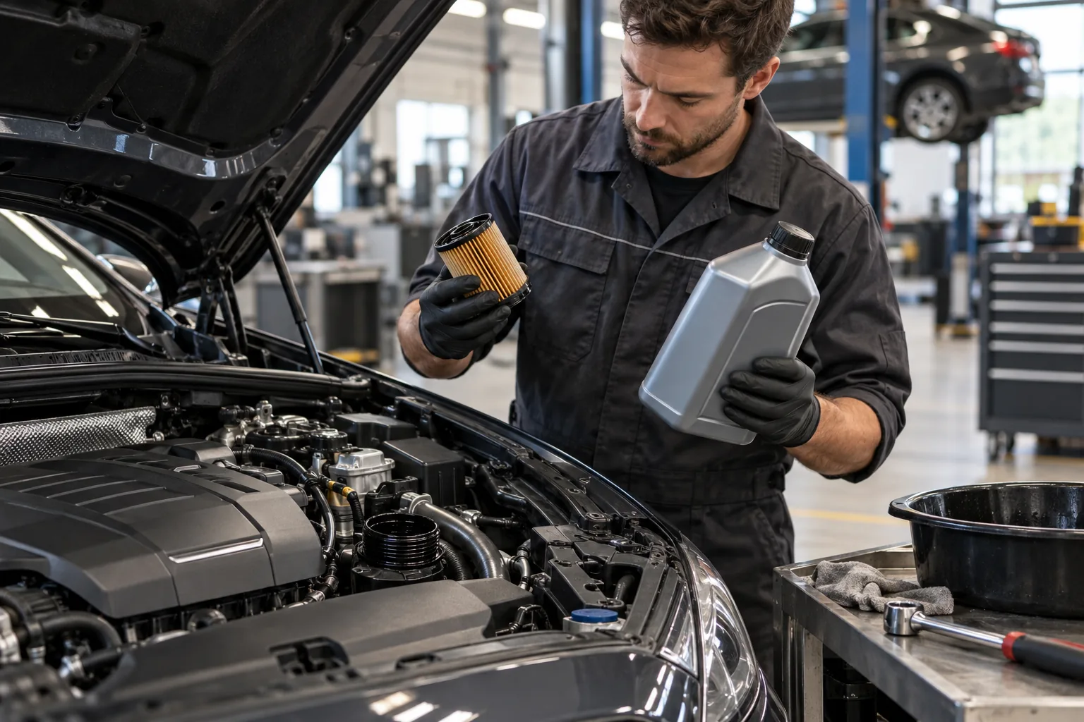 Technician inspecting an oil filter and oil container during service