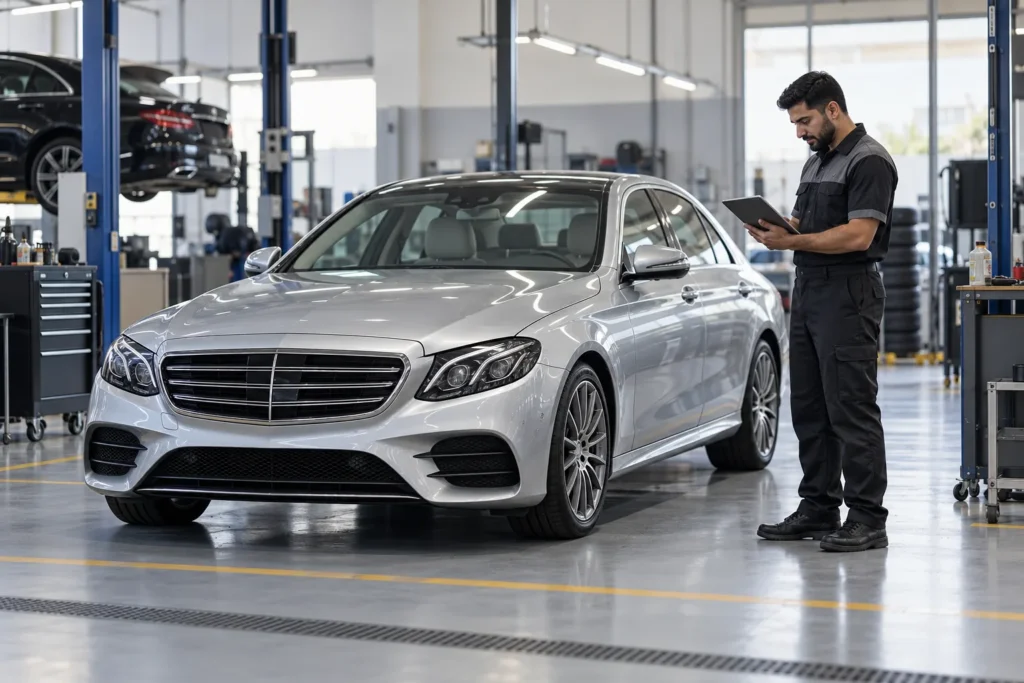 Mechanic reviewing a service plan beside a stationary executive sedan