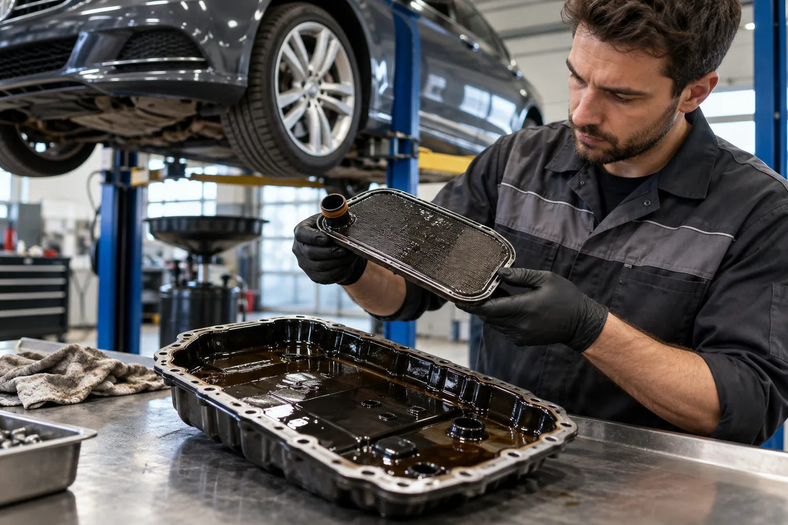 Technician examining a removed automatic transmission pan and filter