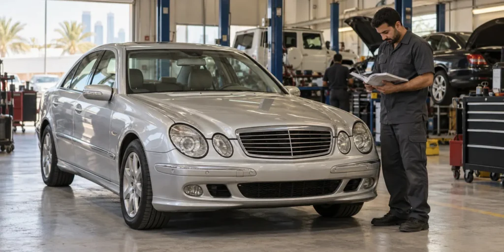 Mechanic reviewing an E320 maintenance booklet beside an older sedan