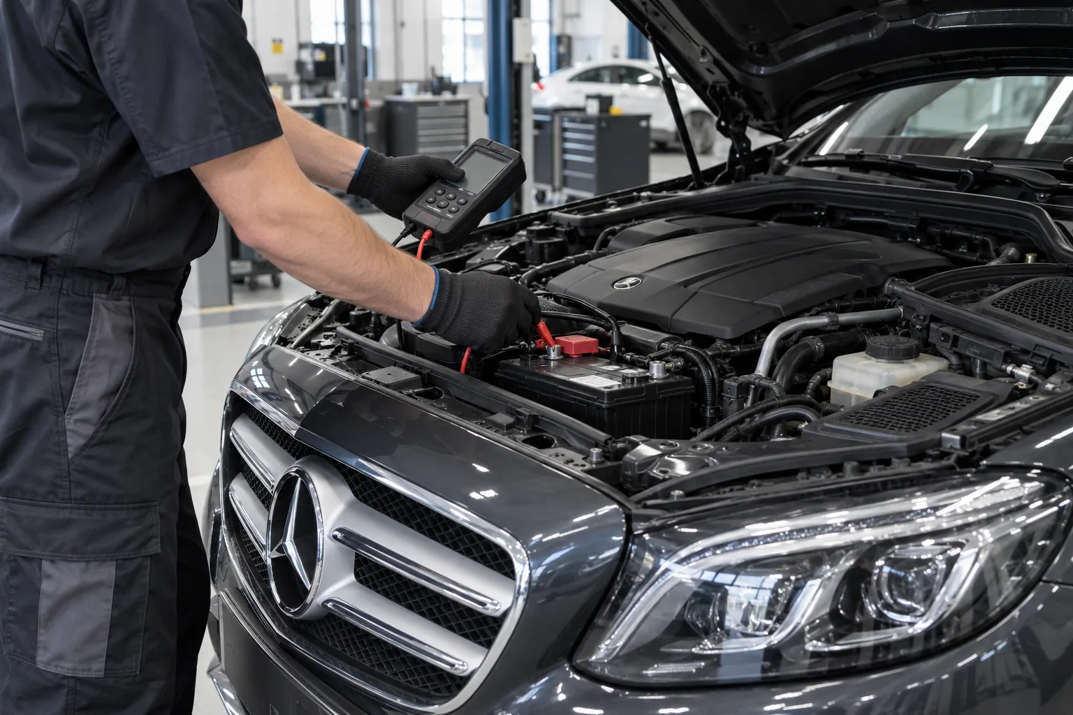 Technician checking the 12-volt battery and charging condition of an E-Class