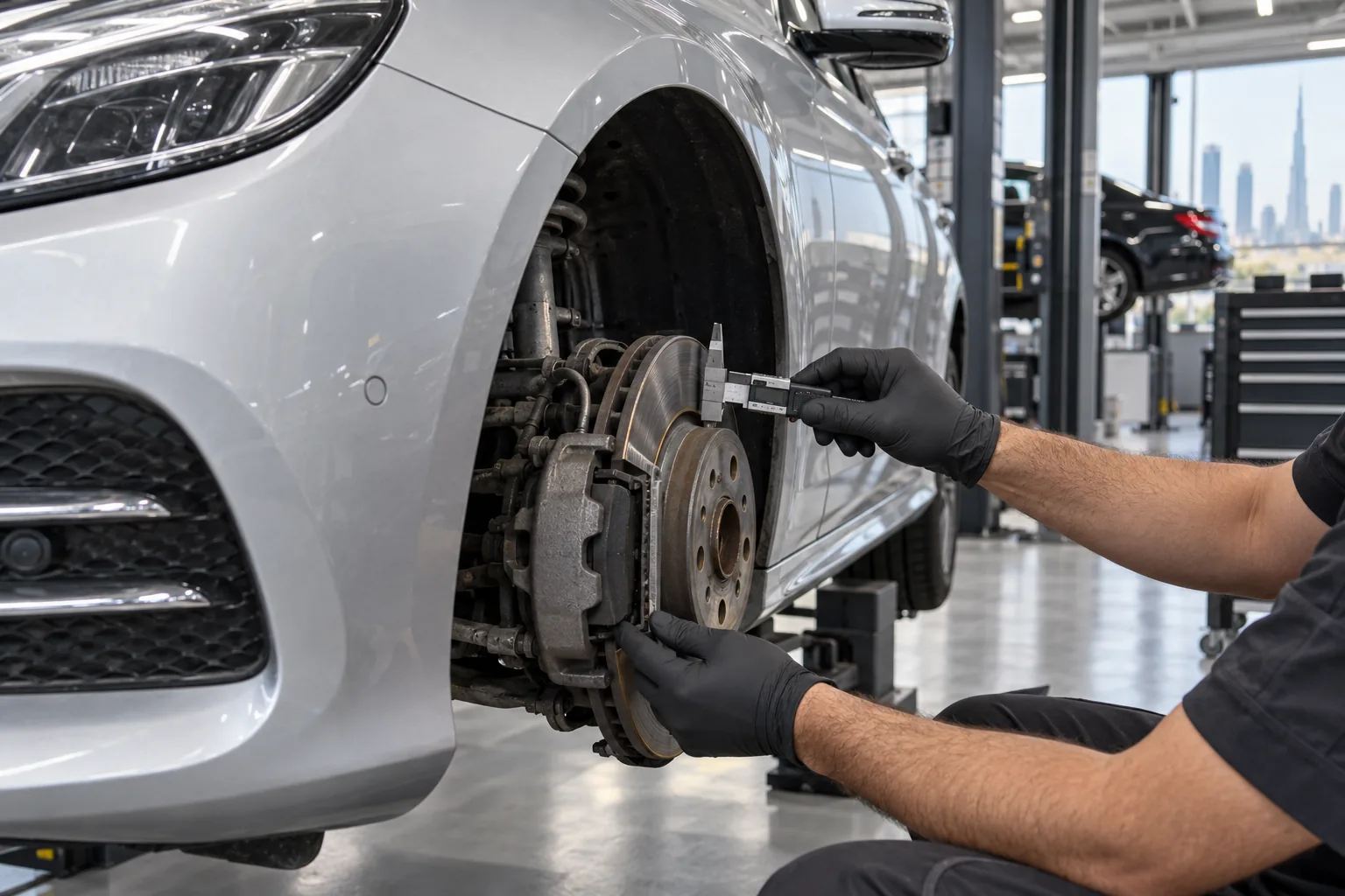 Technician measuring an E-Class brake disc before a repair estimate