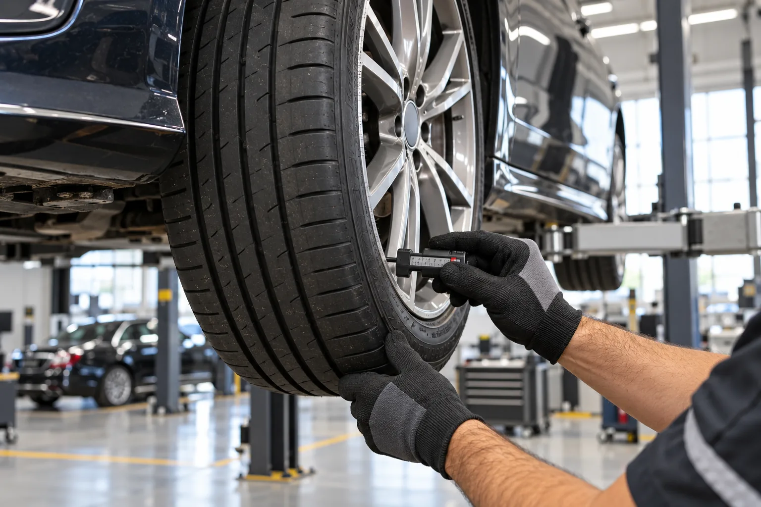 Technician checking tread condition on an E-Class tyre