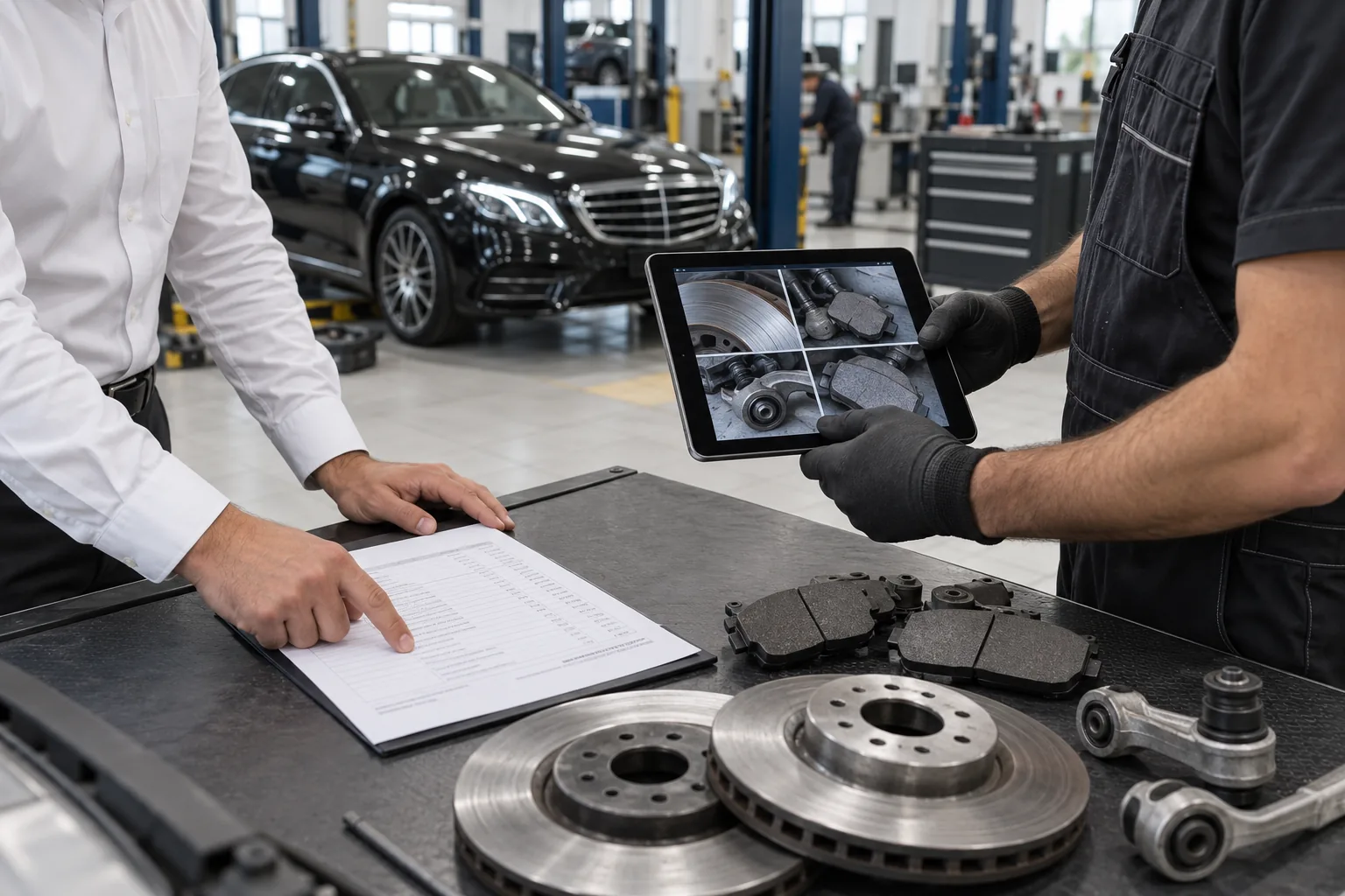 Advisor and technician reviewing an itemised E-Class wear estimate