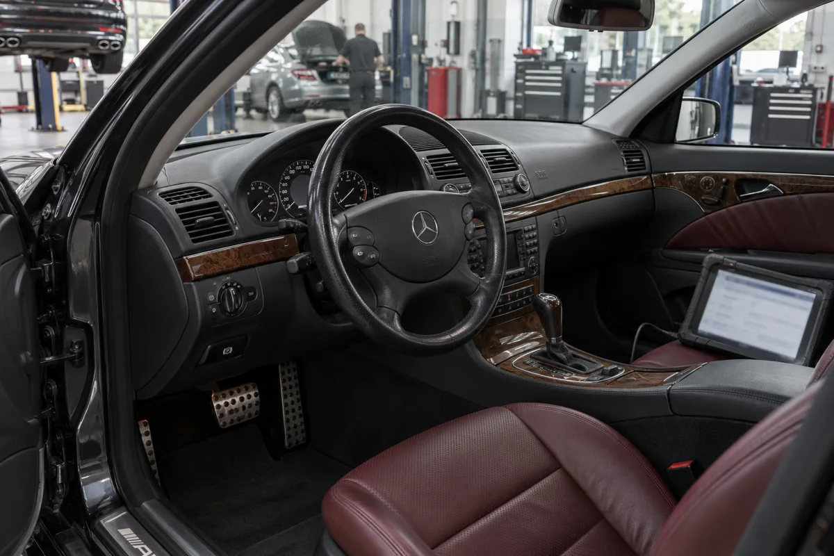 Diagnostic tablet inside an early Mercedes E55 AMG cabin