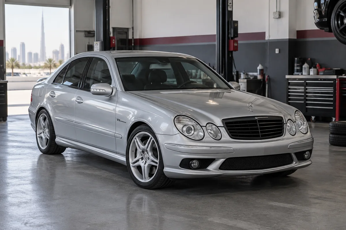 Silver Mercedes E55 AMG W211 in a garage bay