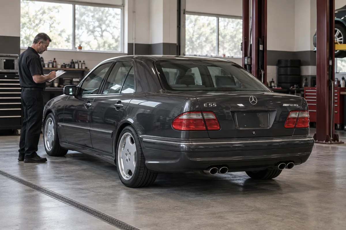 Dark gray Mercedes E55 AMG W210 at a workshop