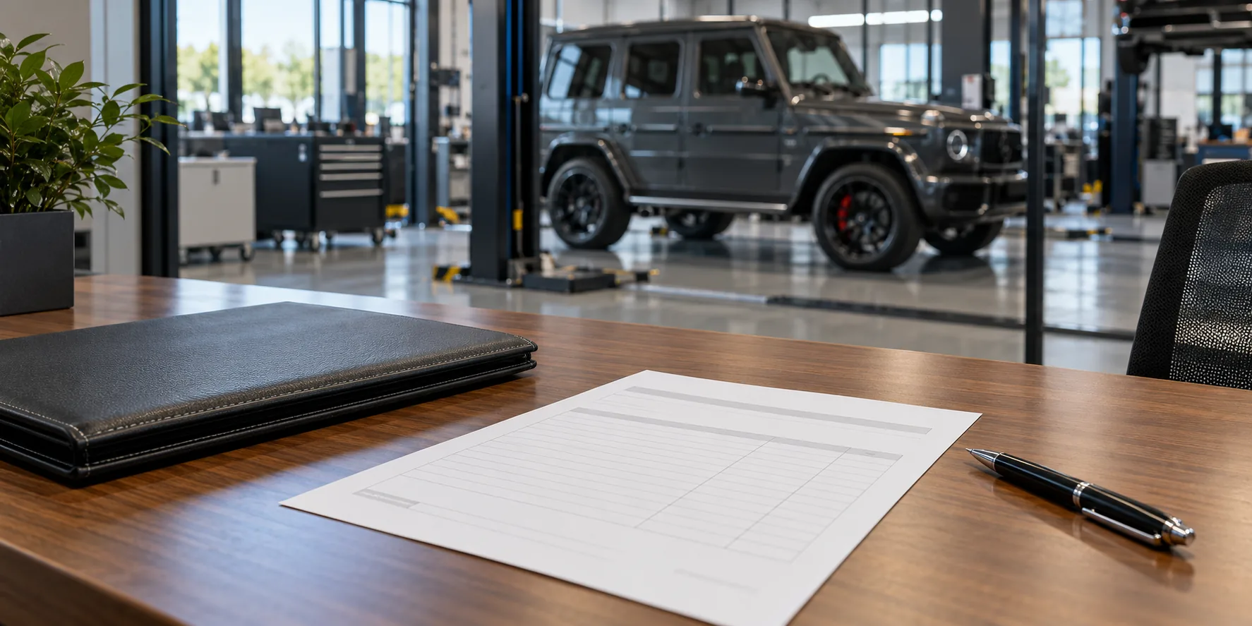 Blank itemized estimate on a desk with a G-Class style SUV in the workshop background