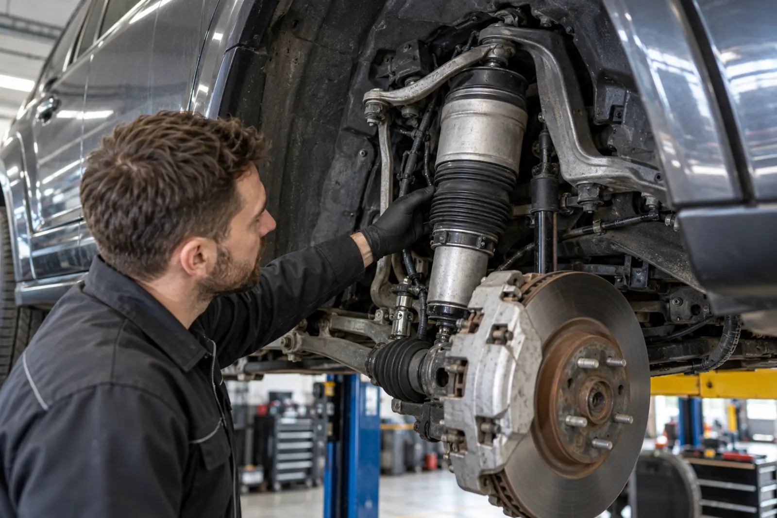 Technician examining an air suspension strut in a large SUV wheel well