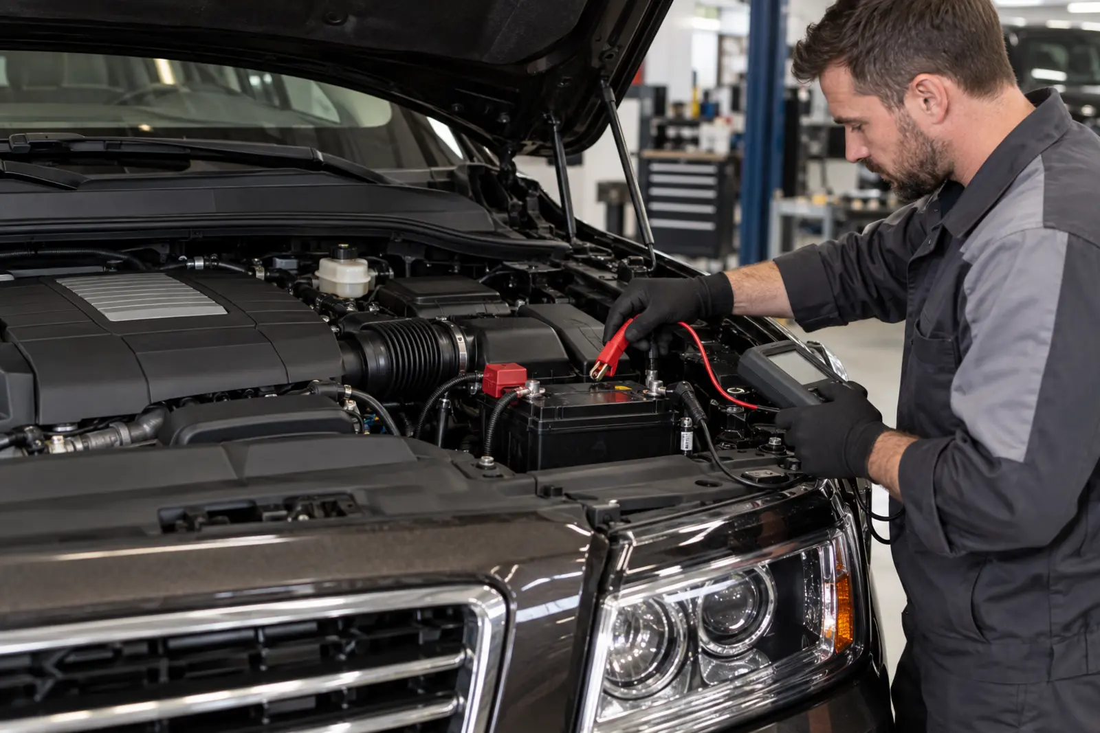 Technician testing the 12-volt battery in a large SUV