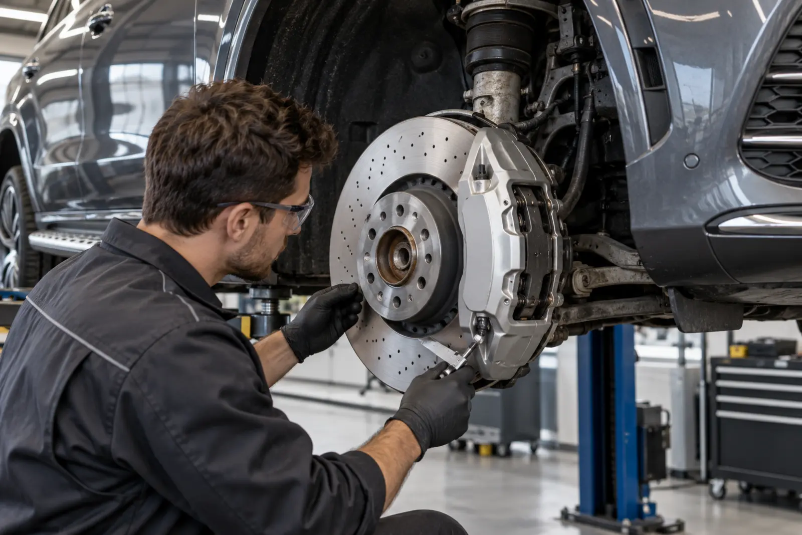 Technician inspecting brake disc and caliper on a large SUV