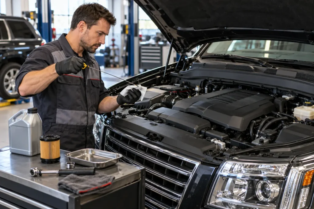 Technician checking GL450 engine oil and service parts