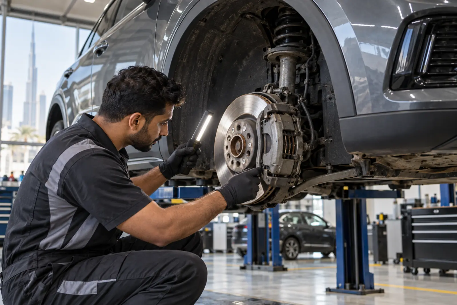 Technician inspecting a compact SUV front brake disc and caliper