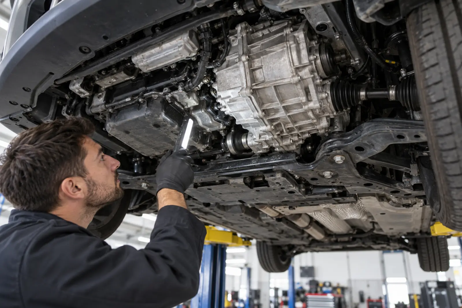 Technician inspecting a compact SUV transmission casing on a lift