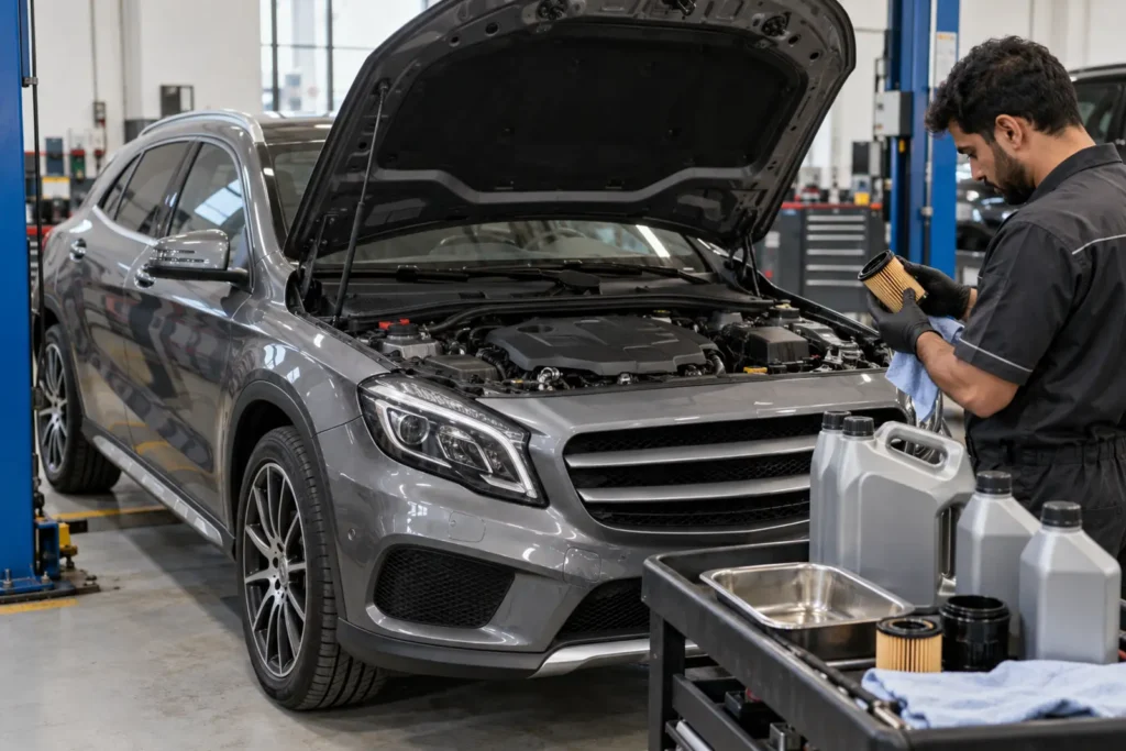 Technician checking an oil filter beside a compact SUV
