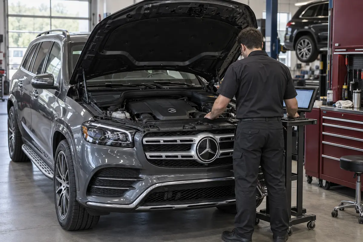 Technician assessing a Mercedes GLS450 X167 engine bay with a diagnostic tablet